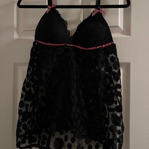 Elegant Black Lace Babydoll with Pink Accents